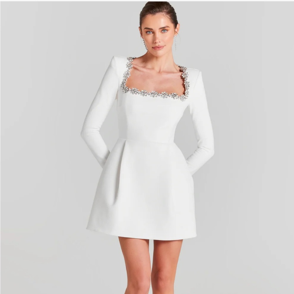 NADINE MERABI White Long-Sleeve Embellished Square-Neck Mini Dress